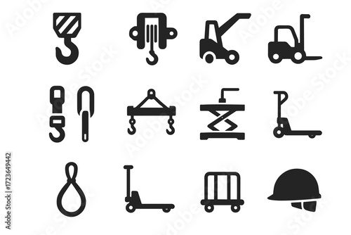 Vector cargo container icons crane winch dolly helmet icon lifting handling spreader