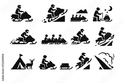 Group night hauling icon wildlife collection run slope escape sled vector snowmobile