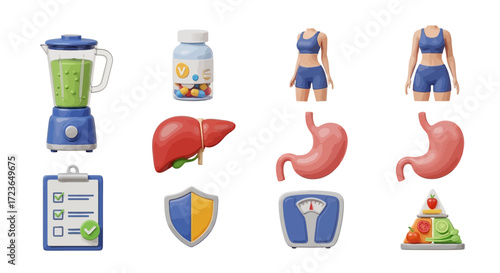 Healthy lifestyle icons, including blender, supplements, body, liver, stomach, checklist, shield, scale, and food pyramid.
