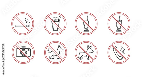 A set of eight red prohibition signs, including no smoking, food, drinks, dogs, photography, and phone calls, presented as line icons.