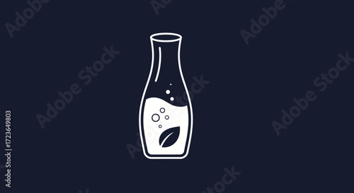 Minimalist white outline icon of a bottle or carafe containing liquid, bubbles, and a leaf, symbolizing natural ingredients or a refreshing beverage.