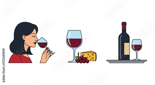 Woman enjoying a glass of red wine, wine glass, wine bottle, grapes, cheese, wine tasting, red wine,  tasting experience.