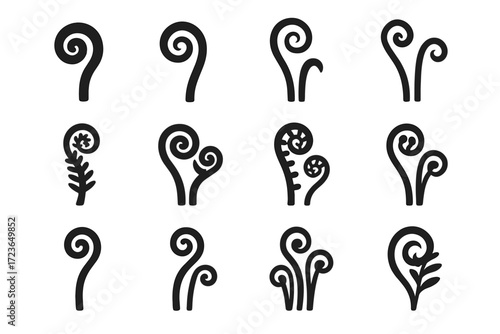Unfurling overlapping vector icon fern fiddlehead curled icons top coils cluster group