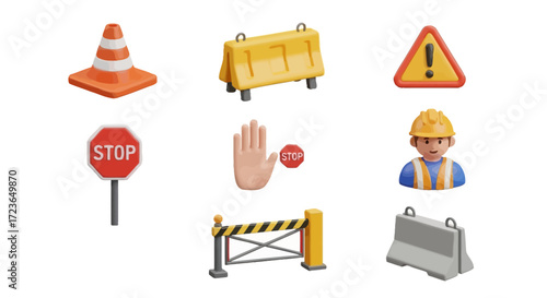 Set of 3D icons representing road work, construction safety, and traffic control elements on a white background.