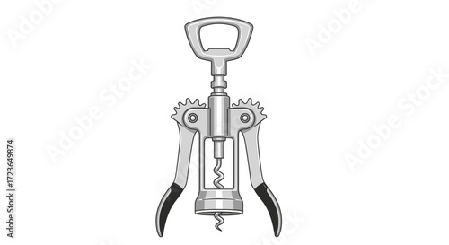 A detailed illustration of a silver corkscrew with black accents, featuring a bottle opener at the top and a spiral worm for uncorking wine bottles.