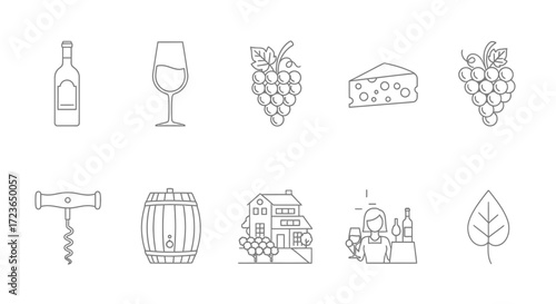 A collection of line art icons representing various elements associated with wine and winemaking, including bottles, glasses, grapes, cheese, barrels, and vineyards.