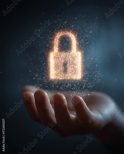 Cybersecurity Hologram with Glowing Lock Above Palm – Futuristic Data Protection in Dark Corporate Setting