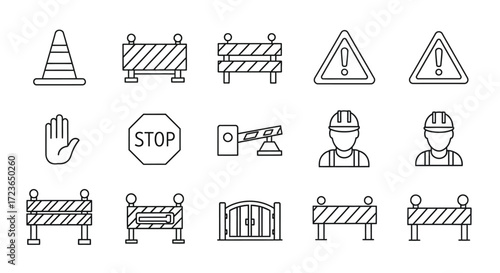 Collection of black and white line art construction icons, including traffic cones, barricades, warning signs, and worker figures.