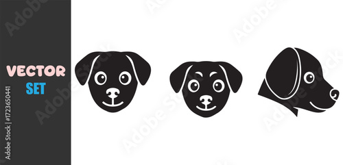 Three black silhouette dog heads facing forward and sideways