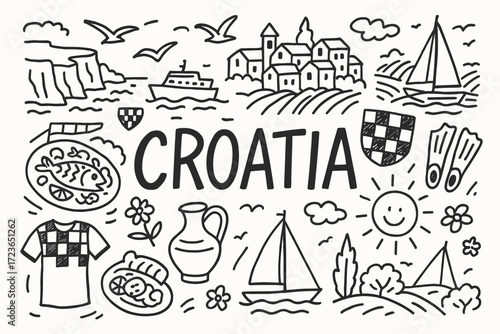 Croatia travel outline icon set: culture, food, landscape, and architecture