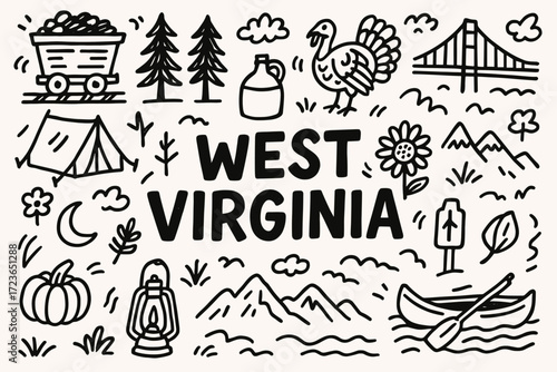 West virginia outline icon set. nature, landmarks, and camping icons collection.