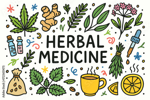 Herbal medicine icon set. natural remedies, plants, and herbs line illustrations.