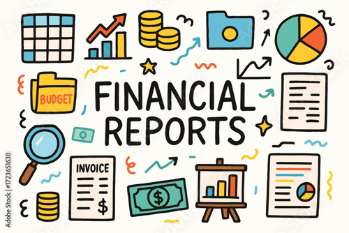 Finance and budget flat icon set. financial reports and planning tools collection