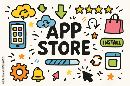 App store doodle icon set. download, install and shopping icons in flat style