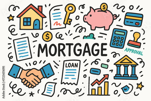 Mortgage, loan and banking doodle icon set. financial, economic, flat design icons.