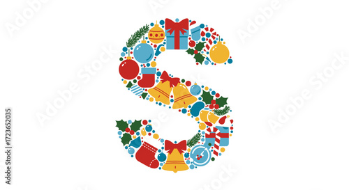 Christmas themed letter S design, composed of various festive elements like ornaments, gifts, bells, and candy canes.
