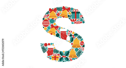 Christmas themed letter S design, composed of various festive elements like ornaments, gifts, bells, and candy canes.