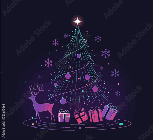 A beautifully decorated Christmas tree with a reindeer and gifts, illuminated by a magical glow.
