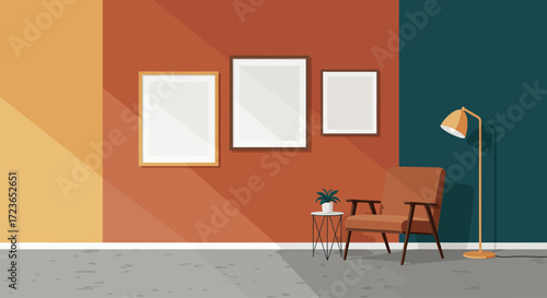 Interior design scene with three framed pictures, a vintage armchair, a small table, and a floor lamp.