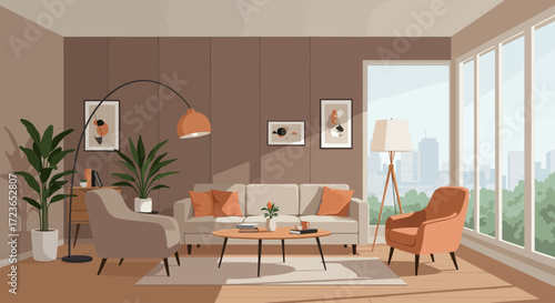 Vector illustration of modern living room interior with sofa, armchairs, coffee table, floor lamps, and large window view of the city. Minimalist and stylish home design, perfect for architecture pro
