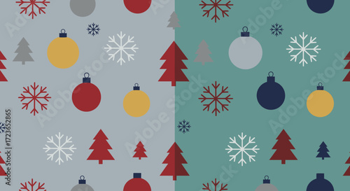 A festive Christmas pattern featuring red trees, ornaments, and snowflakes on a light blue and teal background.