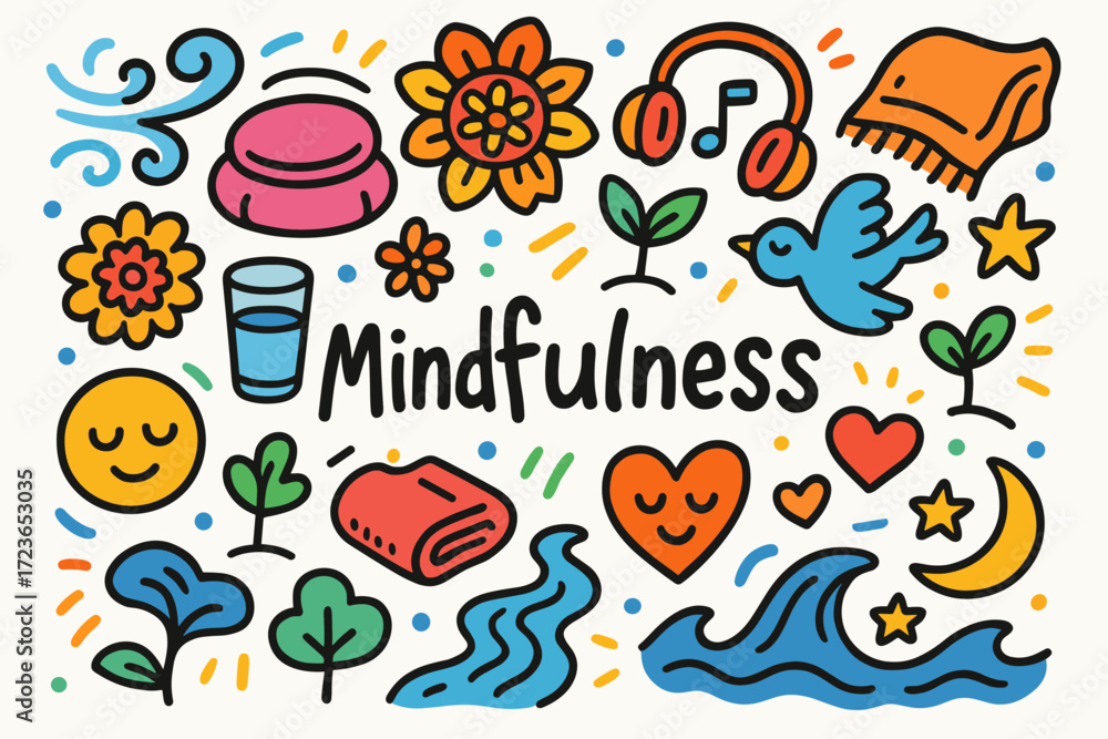Naklejka premium Mindfulness, relaxation doodle icon set. self-care, meditation icons in filled style