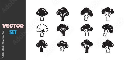 Collection of twelve hand drawn broccoli icons in black and white