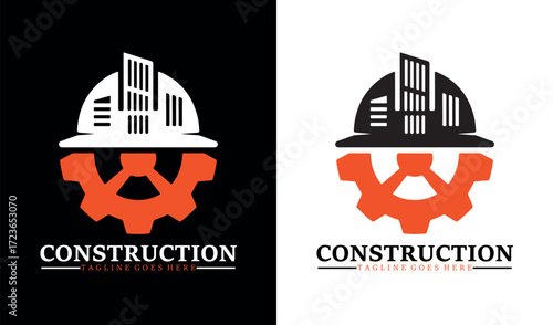 Modern Construction Logo Design with Gear, Helmet, and Building Silhouette – Professional Real Estate and Engineering Symbol