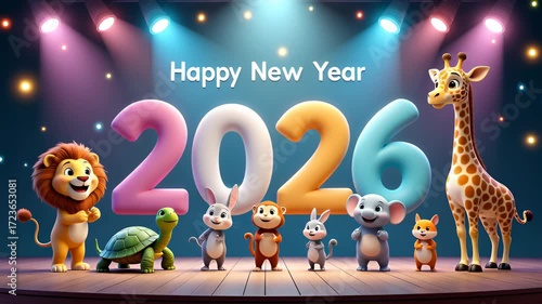 Colorful cartoon animals celebrating New Year 2026 with festive decorations and vibrant stage lights