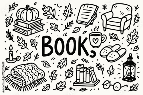 Cozy reading outline icon set. autumn, books, comfort, study graphics collection.