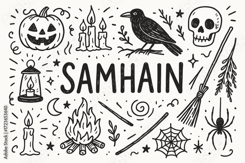 Halloween, samhain doodle icon set. spooky, festive outline collection for october