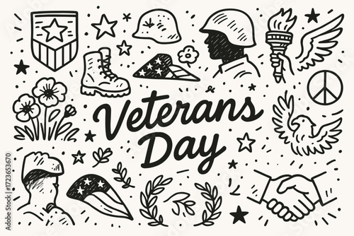 Veterans day outline icon set. patriotic, military, peace, honor symbols collection