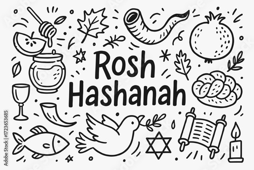 Rosh hashanah outline icon set. jewish holiday symbols in simple black and white style.