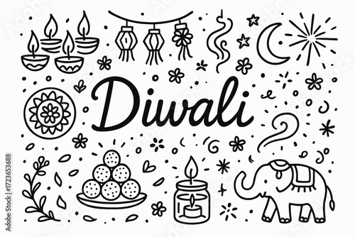 Diwali line icon set: festival of lights, celebrations, rangoli, lanterns outline collection