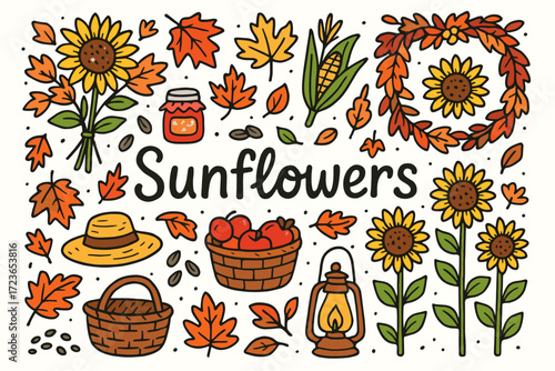 Sunflowers, autumn flat icon set. harvest and fall seasonal icons collection