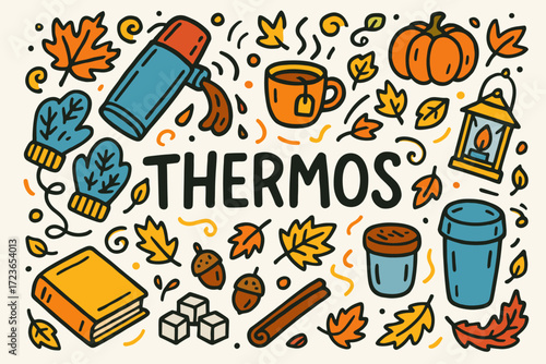 Autumn and winter flat icon set: cozy seasonal symbols and decor elements
