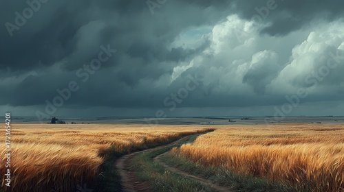 A winding dirt road cuts through a golden wheat field under an ominous, dramatic sky filled with dark, swirling clouds before an approaching storm is coming.