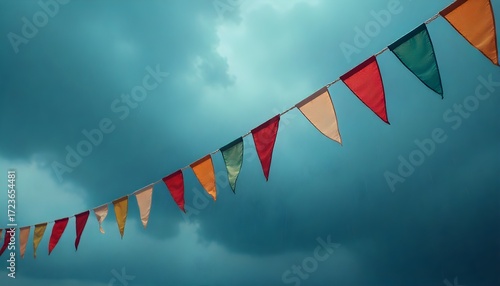 Colorful bunting flags contrast dramatically with a dark, moody, and overcast sky. A unique background for festival, event, or seasonal designs with a different atmosphere