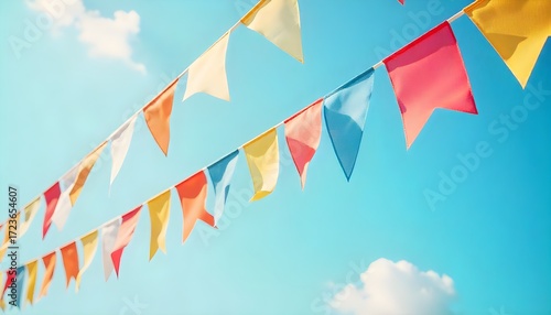 Vibrant, multi-colored bunting flags hanging under a bright blue sky with white clouds. Ideal for celebration, party, summer, and festive backgrounds or header images