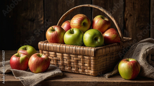 Rustic Apple Basket on Wooden Table – Natural Countryside Still Life Captured in Soft Daylight with Real Textures and Warm, Earthy Tones Using a High-End Professional Camera.