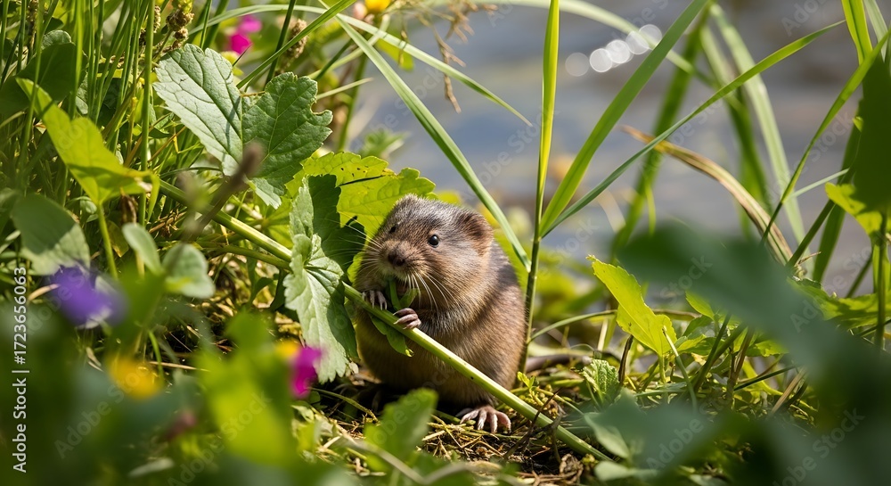 Obraz premium European water vole amidst foliage enjoying lush greenery alongside waters