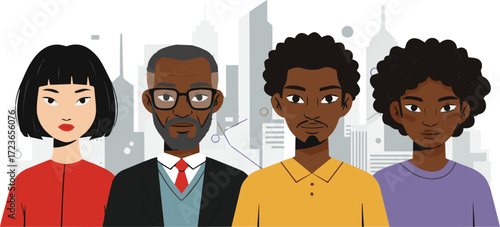 Vector illustration of a diverse and multicultural group of people standing together, a concept for teamwork and community in modern society