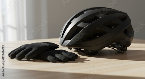 Wallpaper Mural Realistic cycling helmet with gloves on wooden table under natural light, symbolizing outdoor sports lifestyle Torontodigital.ca