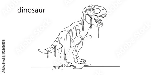 dripping on dinosaur toy continuous single line art drawing sketch on white background