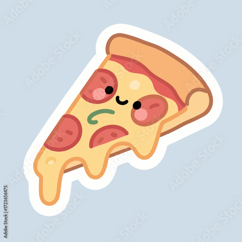 A funny and grumpy kawaii-style pepperoni pizza slice with melting cheese, a cute and humorous sticker character for foodies and pizza lovers with attitude.
