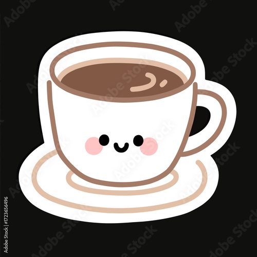 An adorable and cozy kawaii-style cup of coffee with a happy smiling face, a charming and friendly character for a warm, comforting break and cafe culture.

