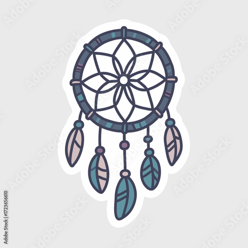 A simple and elegant sticker-style illustration of a traditional dreamcatcher, a beautiful and mystical bohemian symbol of protection, peace, and good dreams.

