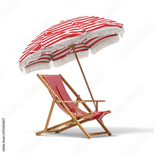 Red and white striped beach chair and umbrella on white background