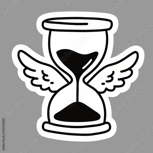 A simple and powerful black and white sticker-style illustration of a winged hourglass, a classic symbol of time flying, mortality, and the fleeting nature of life.
