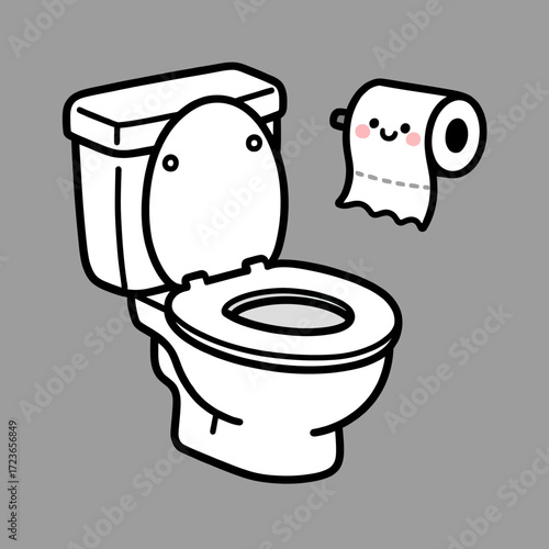 A cute and humorous kawaii-style illustration of a toilet with a friendly, flying toilet paper roll, a playful and charming character duo for bathroom decor.
